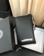 크롬하츠 십자가 자수 천연소가죽 동전지갑 체인 장식 지퍼 카드 파우치 소형 수납백 - 이미지 2